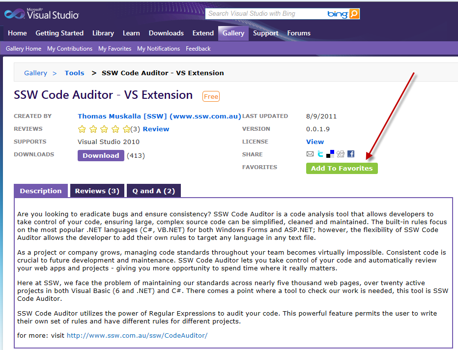 Add SSW CodeAuditor Visual Studio Extension to your Favourites