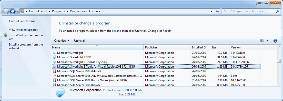 SilverLight SP in 'Programs and Features'