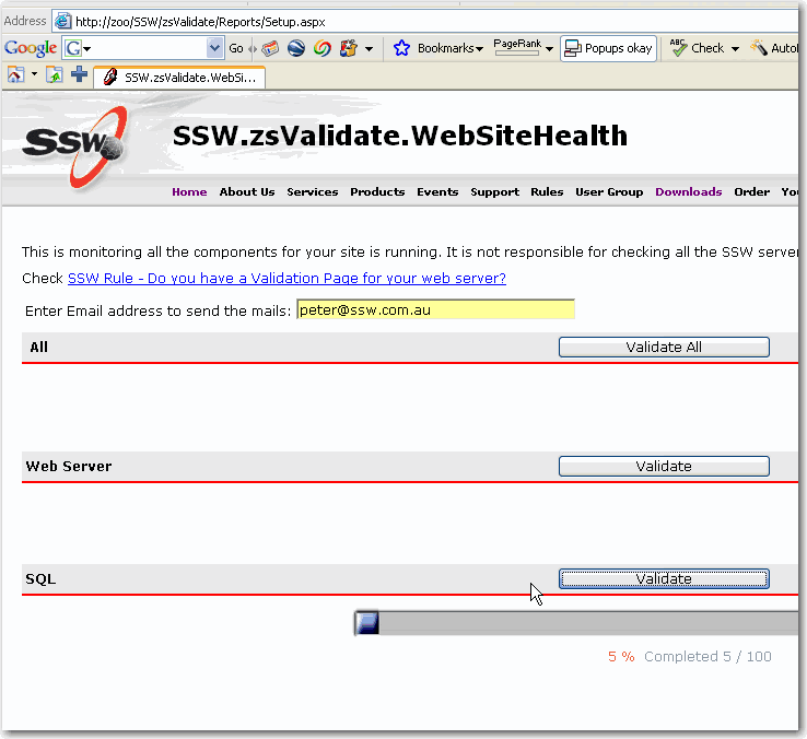 SSW validate page for sql server, web server, network and components