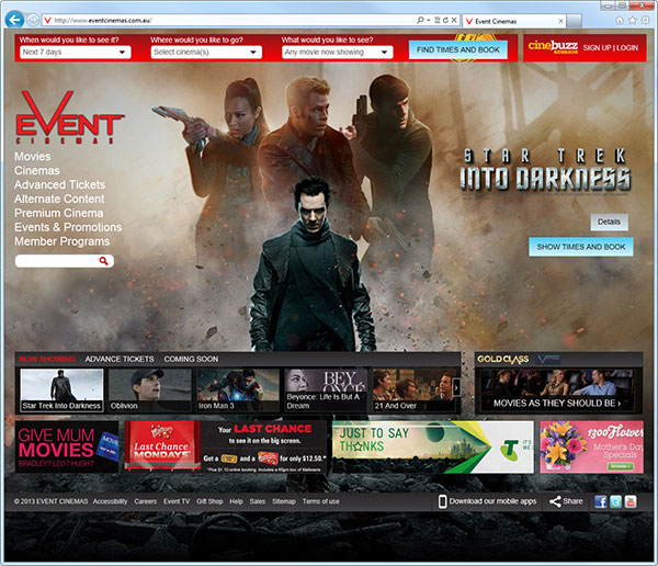 Homepage with fullscreen image of movie