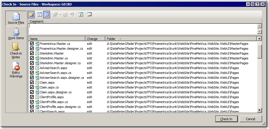 Check - in source file dialog shows the files which haven't changed.