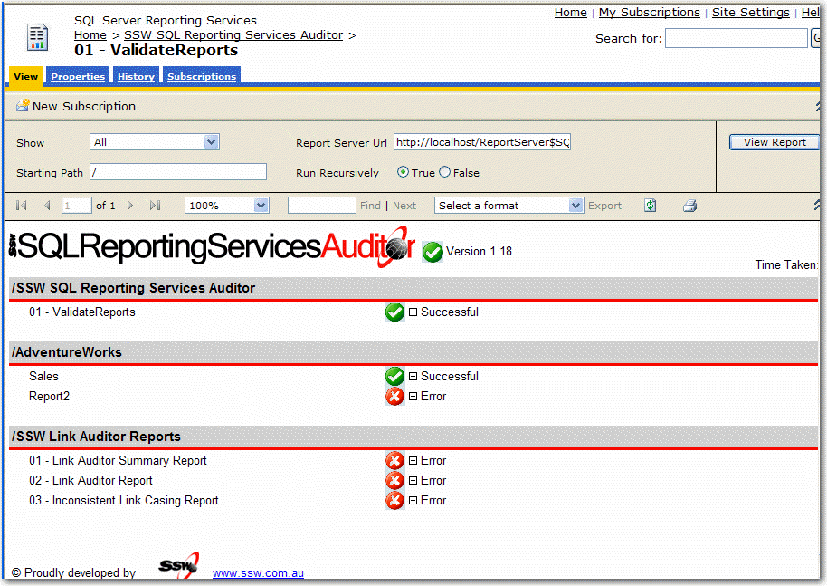 Validating Report for SSW SQL Reporting Services Auditor