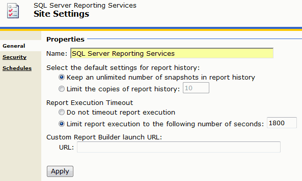 Site settings without SSRS version