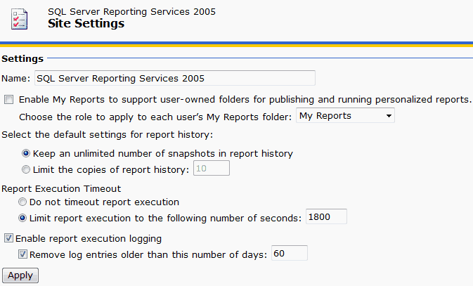 Site settings with version of SSRS 2005