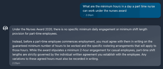 Beryl, APA's AI Payroll Agent, providing an accurate and detailed answer about minimum hours for part-time nurses under the Nurses Award