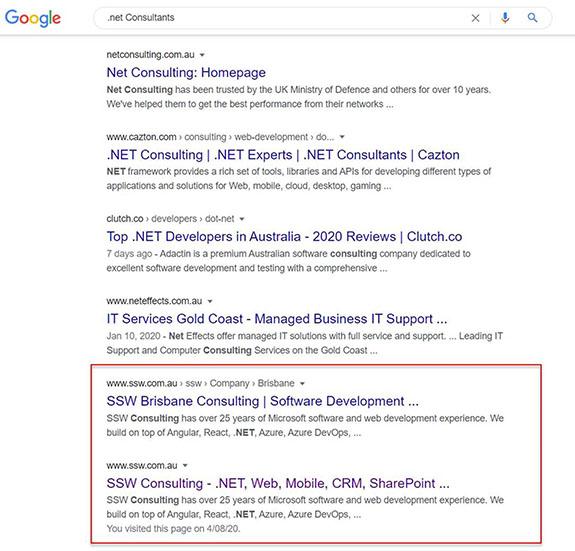google results for dotnet consultants showing ssw