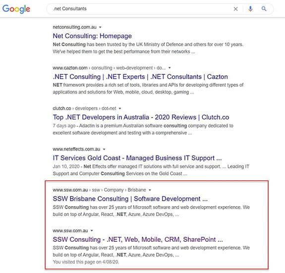 google results for dotnet consultants showing ssw