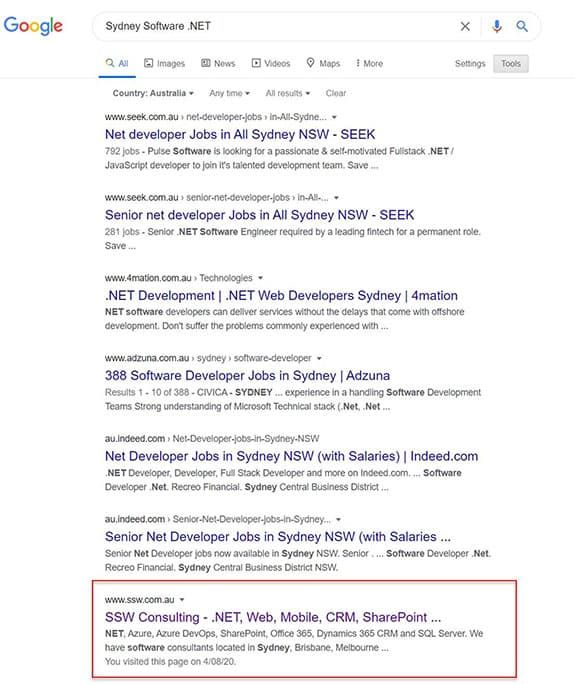 google results for sydney software dotnet showing ssw