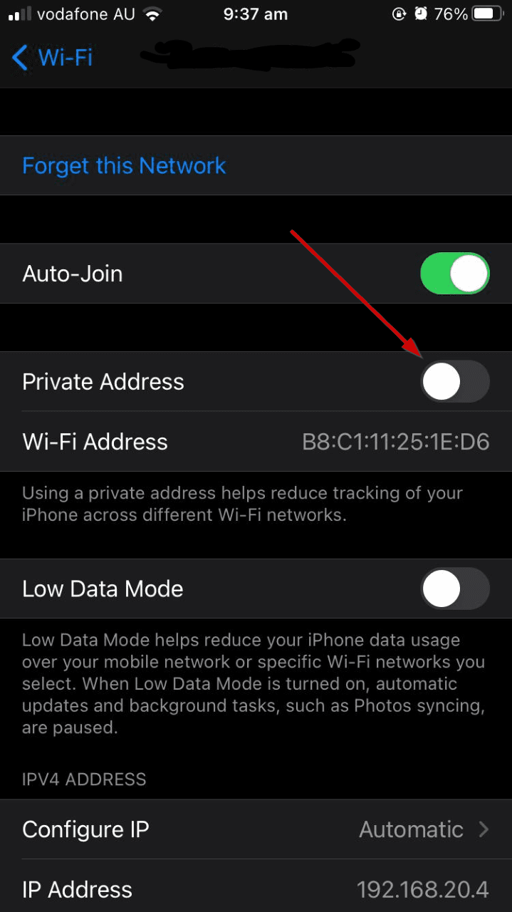 iPhone Wi-Fi settings with the Private Address toggle switched off