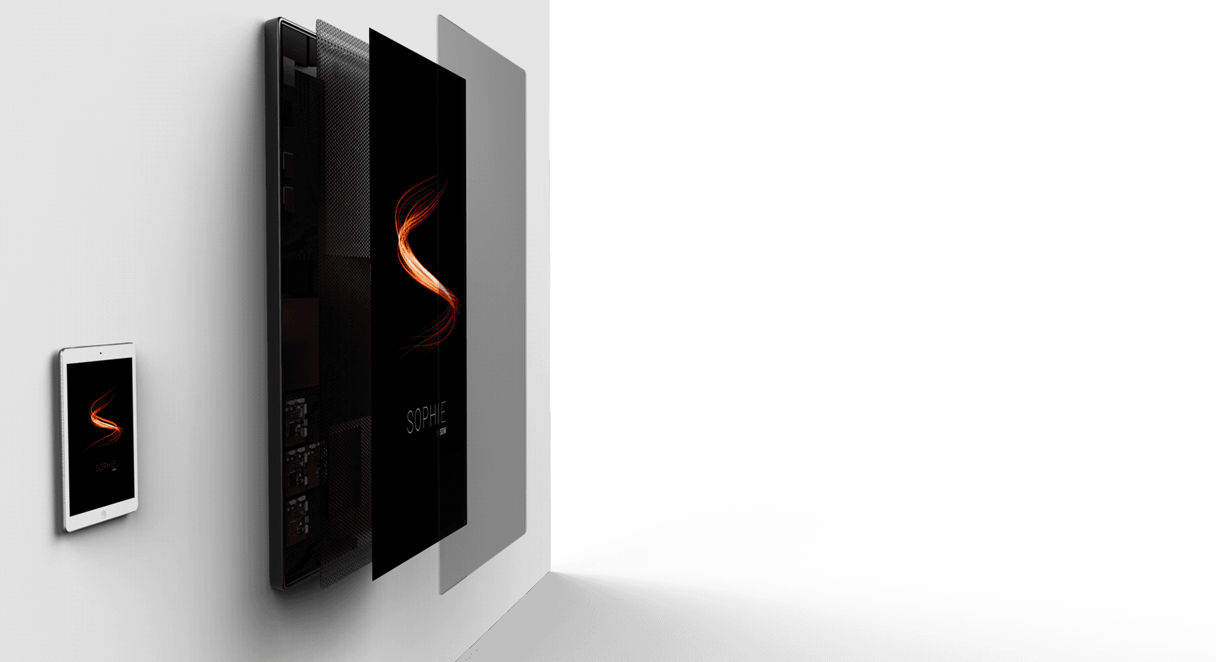 The SophieHub display mounted on a wall beside a tablet, shown as exploded layers