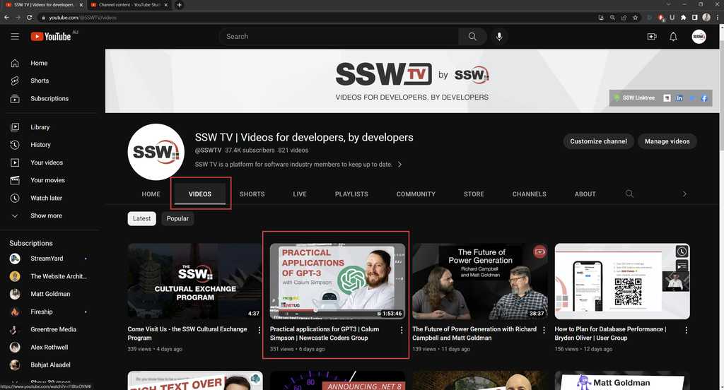 Videos Tab  from manage youtube livestream content