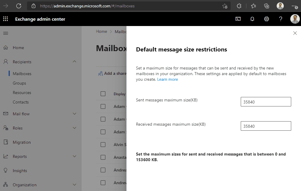 exchange default message limits