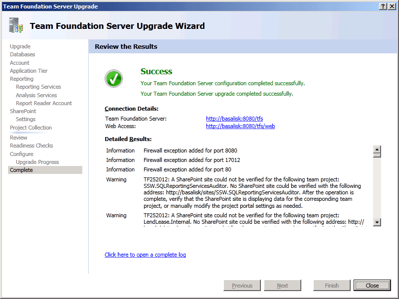 17 TFS Upgrade Wizard   Complete