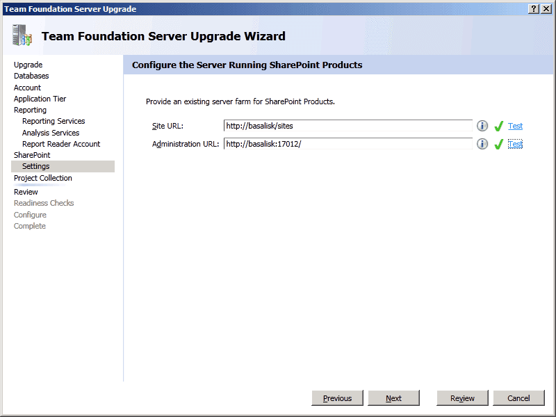 11 TFS Upgrade Wizard   Sharepoint   Settings