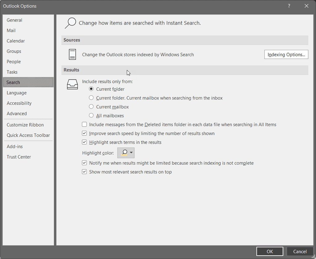 outlook search options