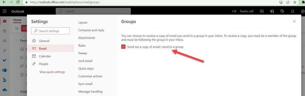 outlook web enable group settings