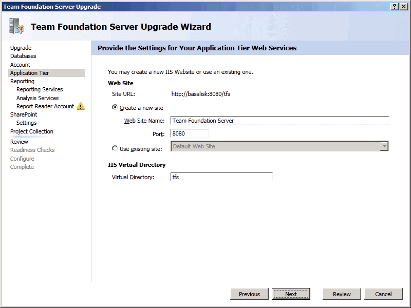 05 TFS Upgrade Wizard   Application Tier