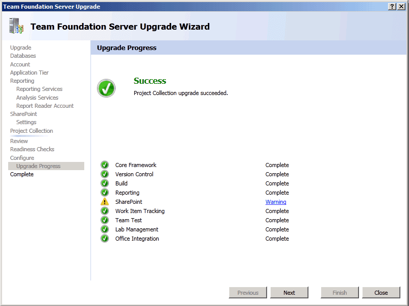 16 TFS Upgrade Wizard   Configure   Upgrade Process Success