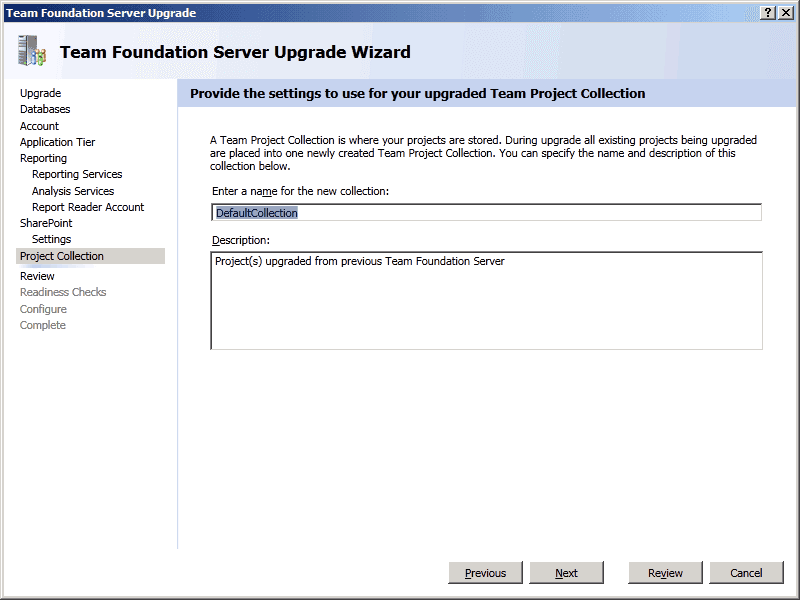 12 TFS Upgrade Wizard   Project Collection