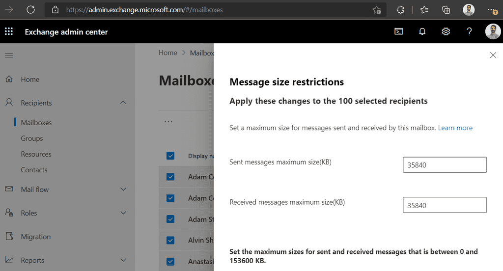 exchange user message limits