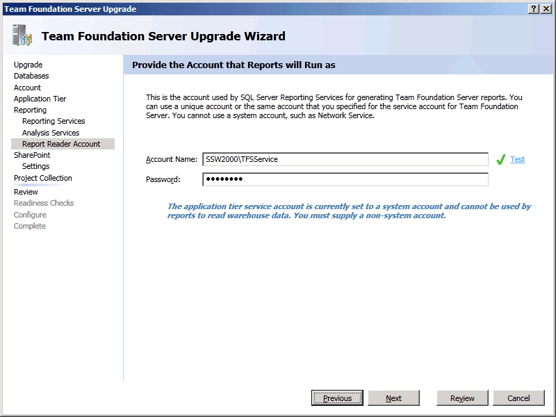 09 TFS Upgrade Wizard   Reporting   Report Reader Account