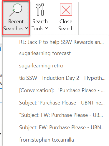 outlook recent search