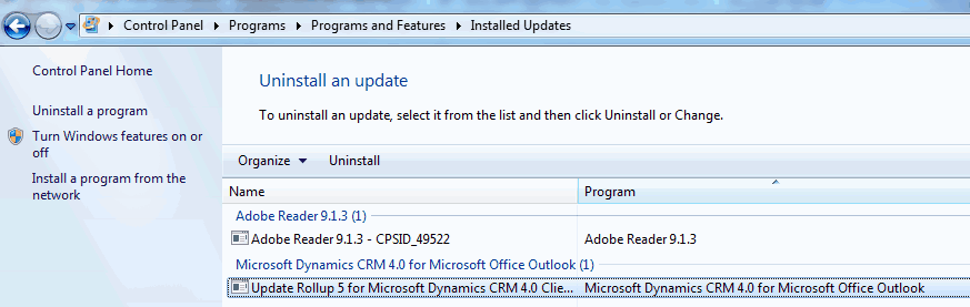 CRM Updates in 'Programs and Features'