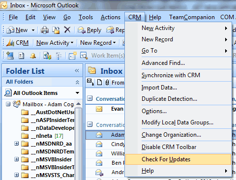 CRM Outlook check for updates