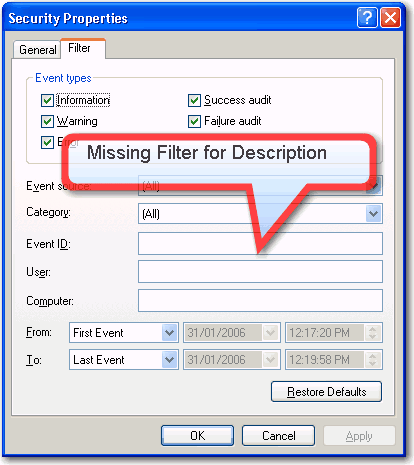 Description Field Filter Missing