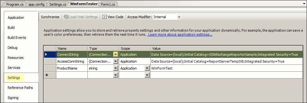 Using Application Settings to configure connection strings.