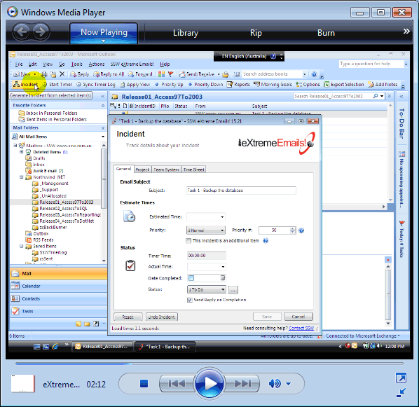 Preview of eXtreme Email demo running on Windows Media Player
